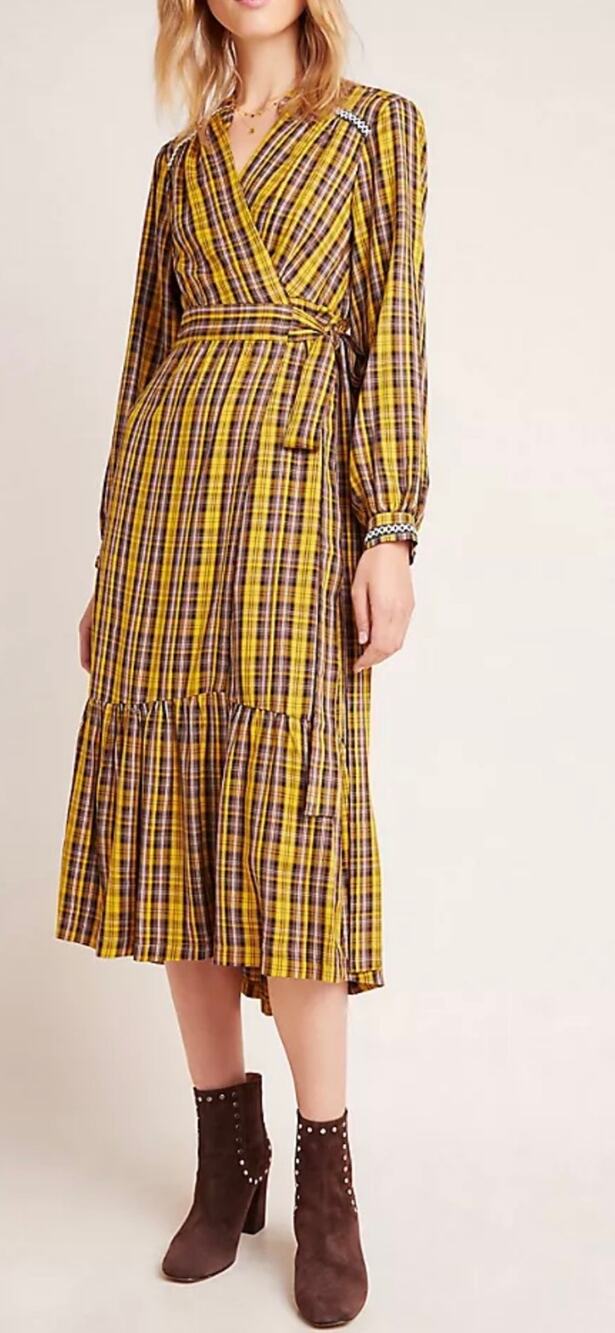 Anthropologie Maxi Dress Dalton Yellow Plaid Long Sleeve Wrap Dress size Small